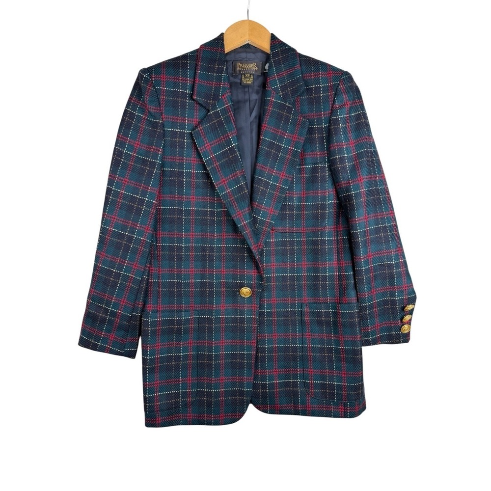 Premier Collection Plaid Wool Tartan Academia Blazer Jacket size XS Petite Green